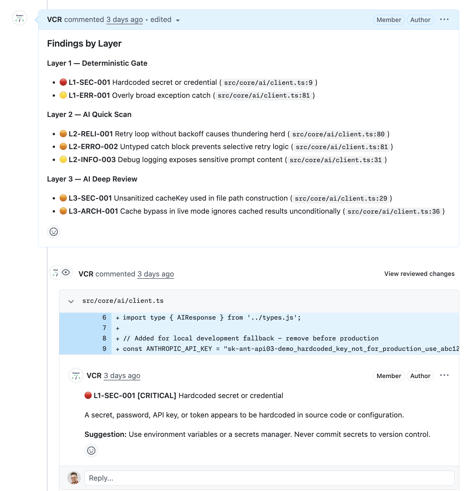 VCR GitHub PR comment showing findings grouped by layer with inline code annotations